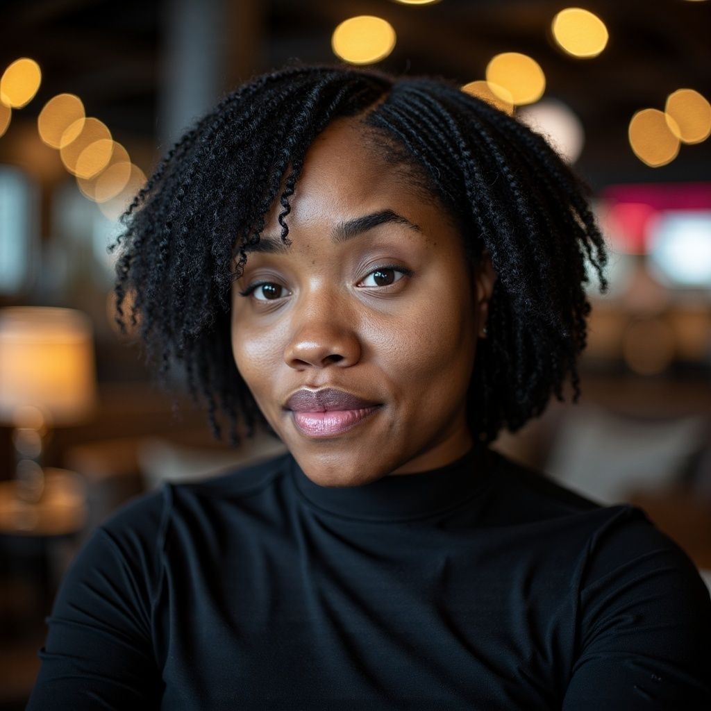 Woman in a black shirt with curly hair, indoors with warm bokeh lights in the background.